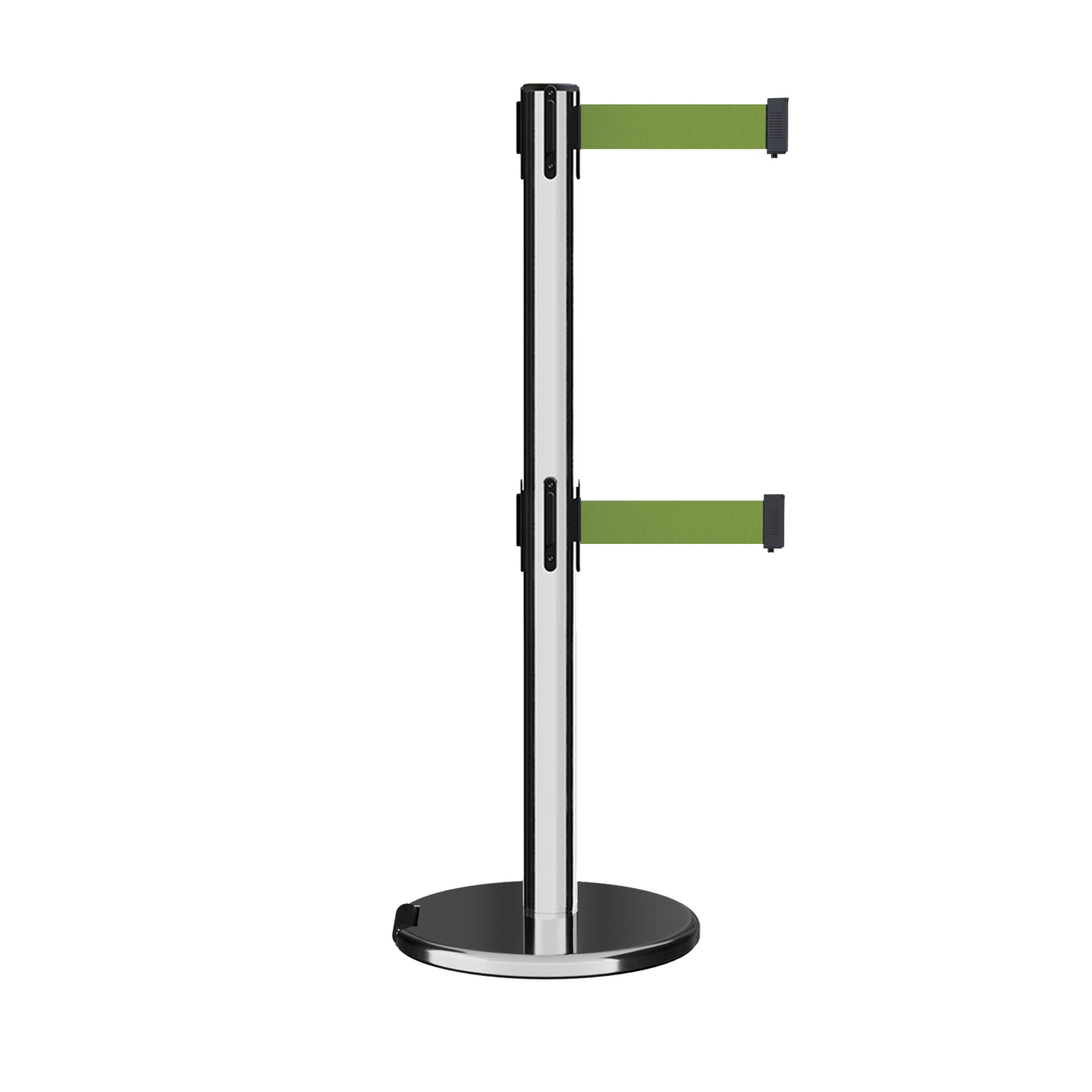 Retractable Dual Belt Barrier Stanchion, Rolling Base, Polished Stainless Steel Post, 13 ft Belt - Montour Line ME630D - Crowd Control Warehouse