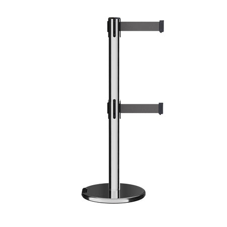 Retractable Dual Belt Barrier Stanchion, Rolling Base, Polished Stainless Steel Post, 13 ft Belt - Montour Line ME630D - Crowd Control Warehouse