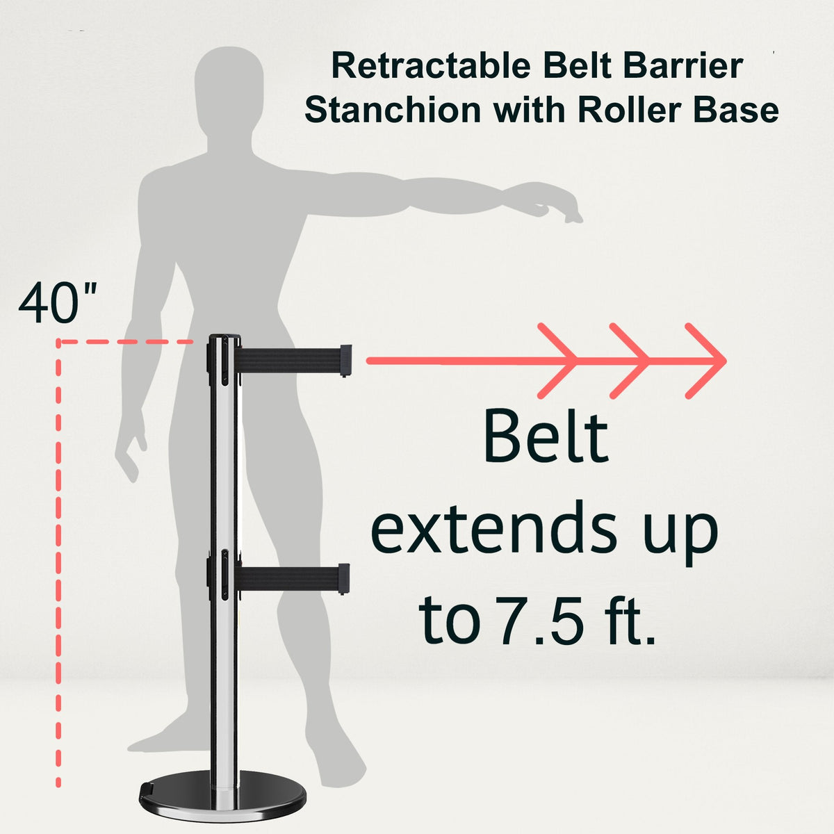 Retractable Dual Belt Barrier Stanchion, Rolling Base, Polished Stainless Steel Post, 7.5 ft Belt - Montour Line ME630D - Crowd Control Warehouse