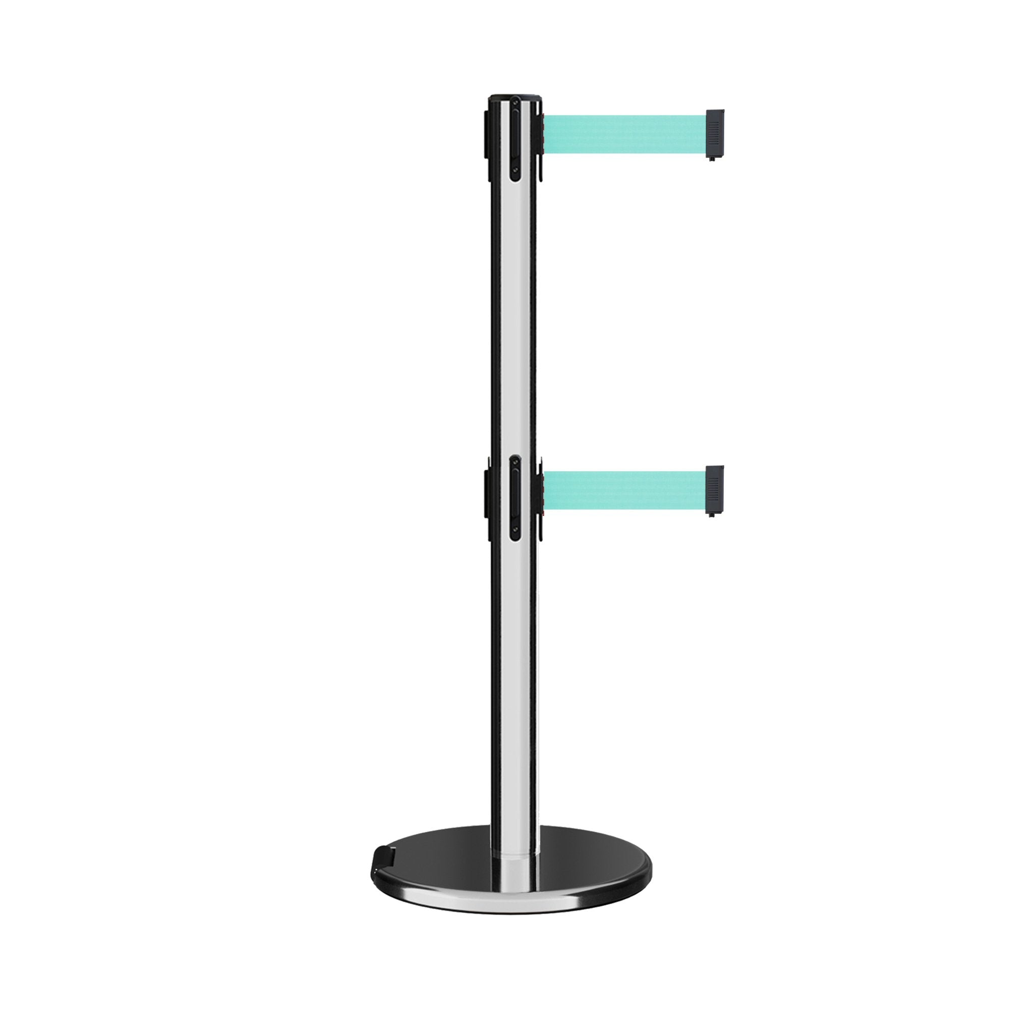 Retractable Dual Belt Barrier Stanchion, Rolling Base, Polished Stainless Steel Post, 7.5 ft Belt - Montour Line ME630D - Crowd Control Warehouse