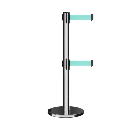 Retractable Dual Belt Barrier Stanchion, Rolling Base, Polished Stainless Steel Post, 7.5 ft Belt - Montour Line ME630D - Crowd Control Warehouse