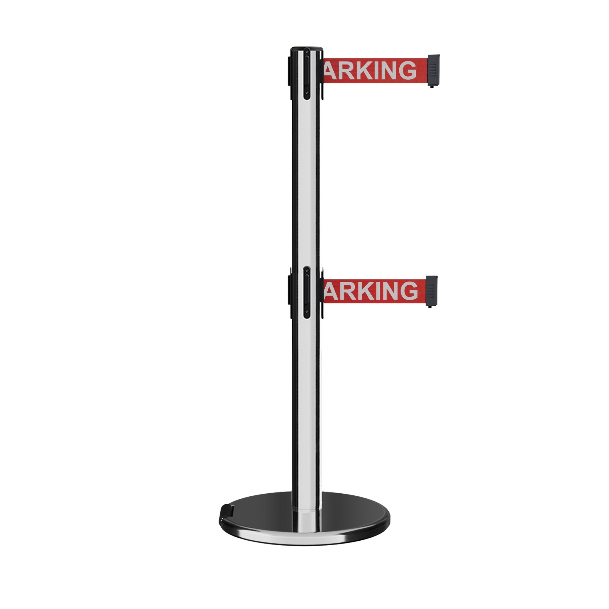 Retractable Dual Belt Barrier Stanchion, Rolling Base, Polished Stainless Steel Post, 7.5 ft Belt - Montour Line ME630D - Crowd Control Warehouse