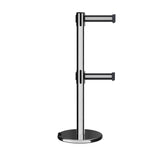 Retractable Dual Belt Barrier Stanchion, Rolling Base, Polished Stainless Steel Post, 7.5 ft Belt - Montour Line ME630D - Crowd Control Warehouse