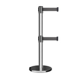 Retractable Dual Belt Barrier Stanchion, Rolling Base, Polished Stainless Steel Post, 7.5 ft Belt - Montour Line ME630D - Crowd Control Warehouse