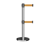 Retractable Dual Belt Barrier Stanchion, Rolling Base, Polished Stainless Steel Post, 7.5 ft Belt - Montour Line ME630D - Crowd Control Warehouse