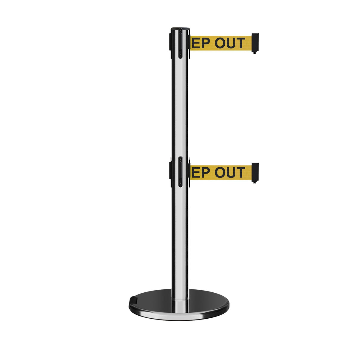 Retractable Dual Belt Barrier Stanchion, Rolling Base, Polished Stainless Steel Post, 7.5 ft Belt - Montour Line ME630D - Crowd Control Warehouse