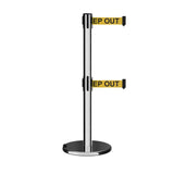 Retractable Dual Belt Barrier Stanchion, Rolling Base, Polished Stainless Steel Post, 7.5 ft Belt - Montour Line ME630D - Crowd Control Warehouse