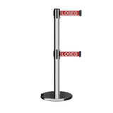 Retractable Dual Belt Barrier Stanchion, Rolling Base, Polished Stainless Steel Post, 7.5 ft Belt - Montour Line ME630D - Crowd Control Warehouse