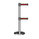 Retractable Dual Belt Barrier Stanchion, Rolling Base, Polished Stainless Steel Post, 7.5 ft Belt - Montour Line ME630D - Crowd Control Warehouse