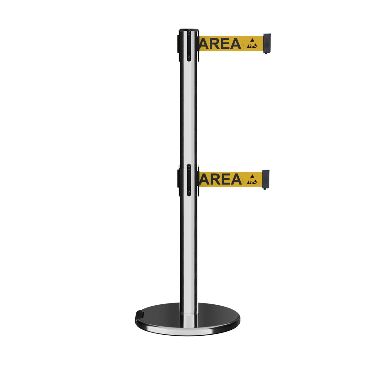 Retractable Dual Belt Barrier Stanchion, Rolling Base, Polished Stainless Steel Post, 7.5 ft Belt - Montour Line ME630D - Crowd Control Warehouse