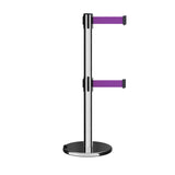 Retractable Dual Belt Barrier Stanchion, Rolling Base, Polished Stainless Steel Post, 7.5 ft Belt - Montour Line ME630D - Crowd Control Warehouse