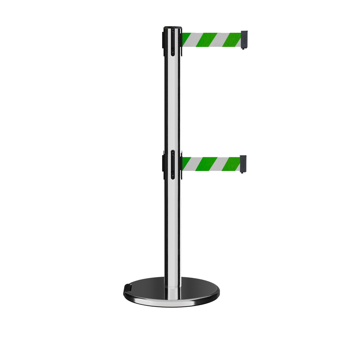 Retractable Dual Belt Barrier Stanchion, Rolling Base, Polished Stainless Steel Post, 9 ft Belt - Montour Line ME630D - Crowd Control Warehouse