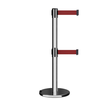 Retractable Dual Belt Barrier Stanchion, Rolling Base, Polished Stainless Steel Post, 9 ft Belt - Montour Line ME630D - Crowd Control Warehouse