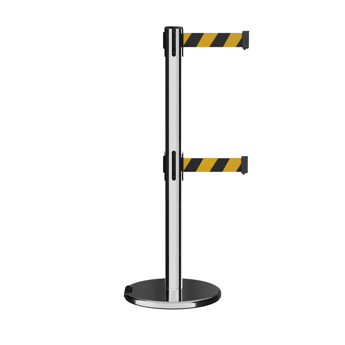Retractable Dual Belt Barrier Stanchion, Rolling Base, Polished Stainless Steel Post, 9 ft Belt - Montour Line ME630D - Crowd Control Warehouse
