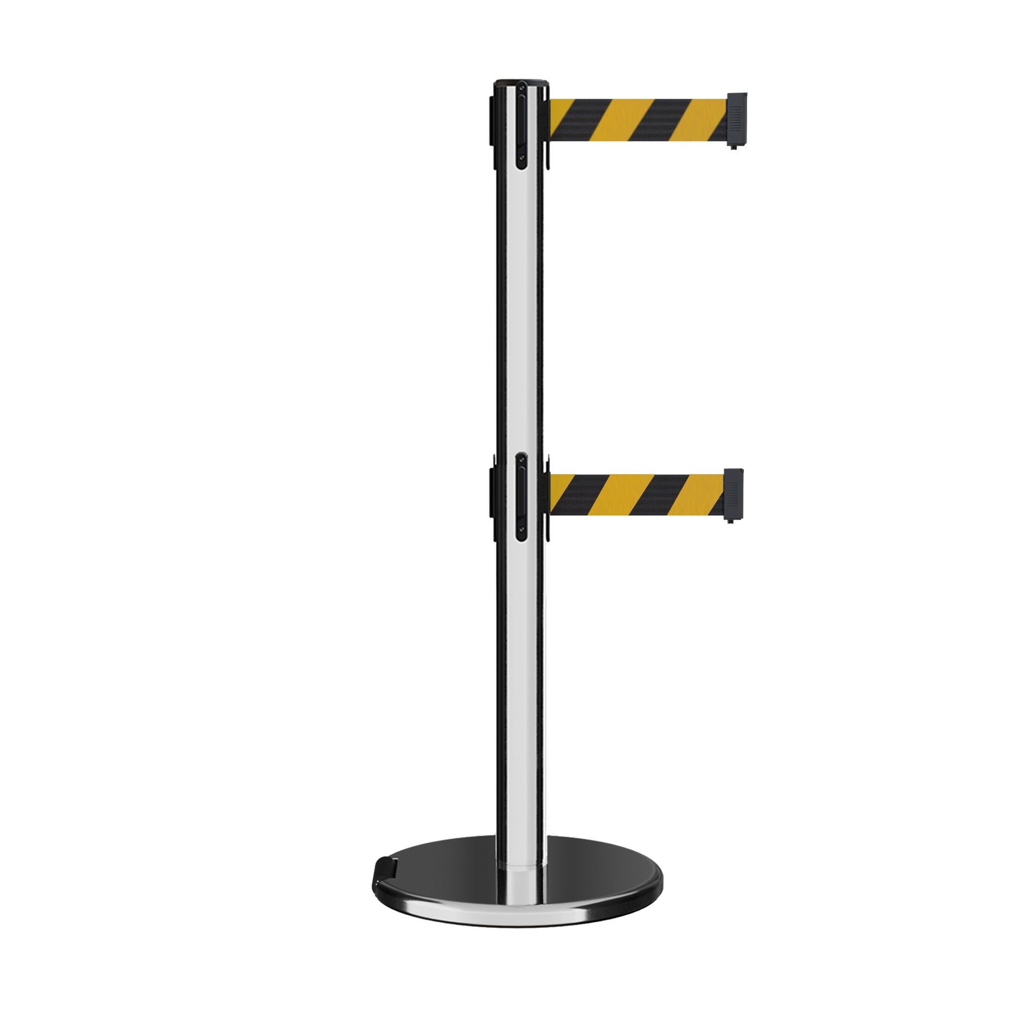 Retractable Dual Belt Barrier Stanchion, Rolling Base, Polished Stainless Steel Post, 9 ft Belt - Montour Line ME630D - Crowd Control Warehouse