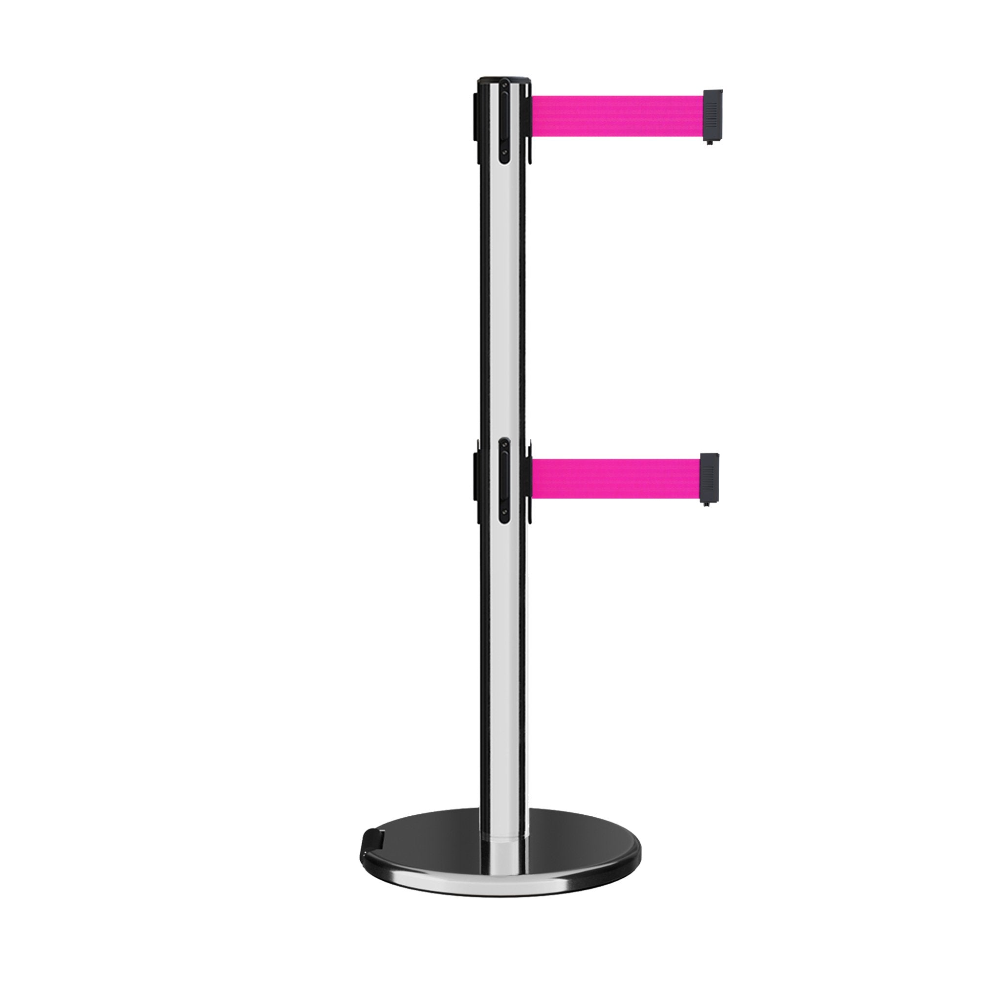 Retractable Dual Belt Barrier Stanchion, Rolling Base, Polished Stainless Steel Post, 9 ft Belt - Montour Line ME630D - Crowd Control Warehouse