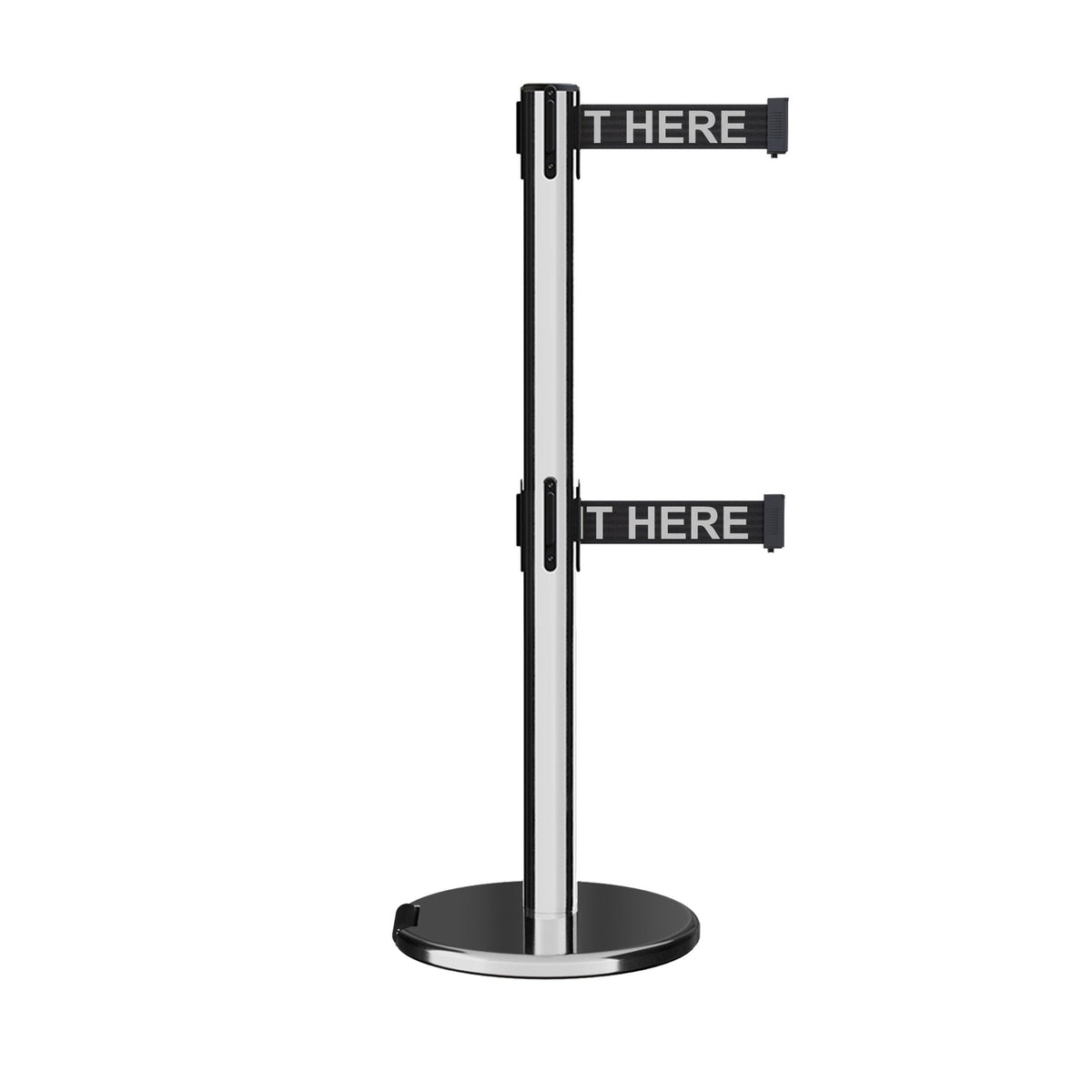 Retractable Dual Belt Barrier Stanchion, Rolling Base, Polished Stainless Steel Post, 9 ft Belt - Montour Line ME630D - Crowd Control Warehouse