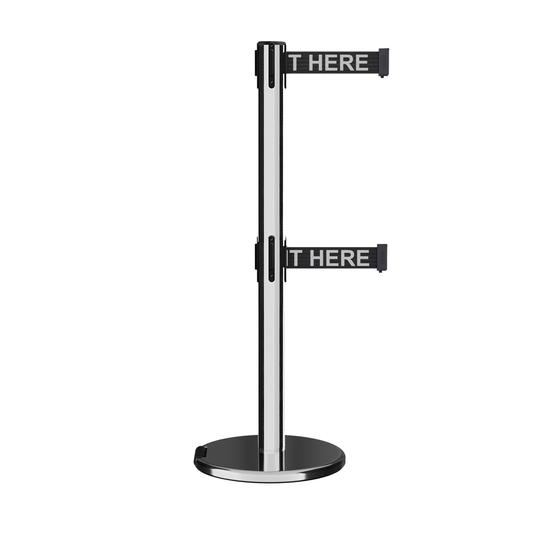 Retractable Dual Belt Barrier Stanchion, Rolling Base, Polished Stainless Steel Post, 9 ft Belt - Montour Line ME630D - Crowd Control Warehouse