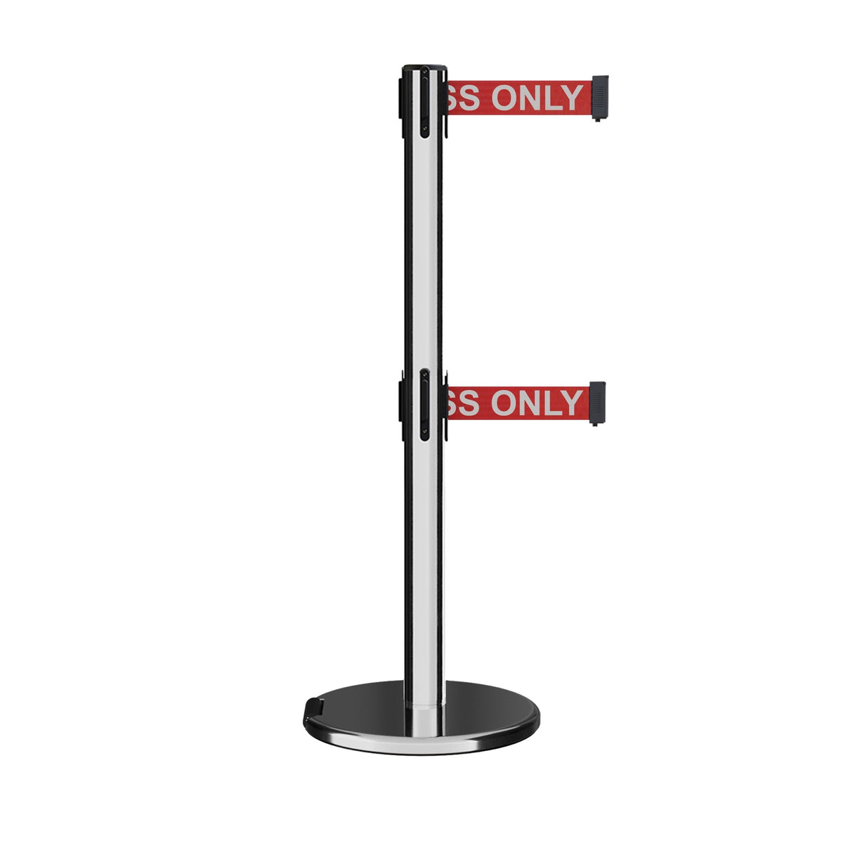 Retractable Dual Belt Barrier Stanchion, Rolling Base, Polished Stainless Steel Post, 9 ft Belt - Montour Line ME630D - Crowd Control Warehouse