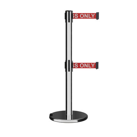Retractable Dual Belt Barrier Stanchion, Rolling Base, Polished Stainless Steel Post, 9 ft Belt - Montour Line ME630D - Crowd Control Warehouse