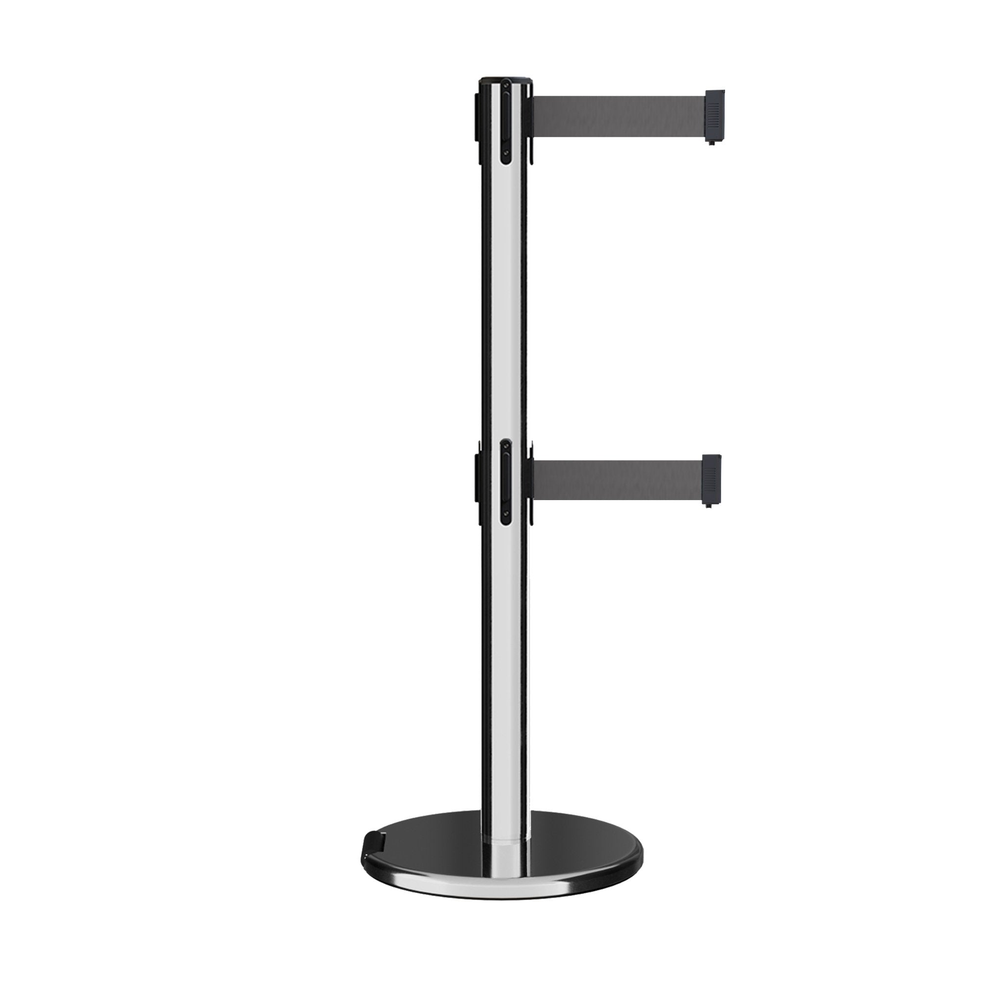 Retractable Dual Belt Barrier Stanchion, Rolling Base, Polished Stainless Steel Post, 9 ft Belt - Montour Line ME630D - Crowd Control Warehouse
