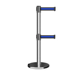 Retractable Dual Belt Barrier Stanchion, Rolling Base, Polished Stainless Steel Post, 9 ft Belt - Montour Line ME630D - Crowd Control Warehouse