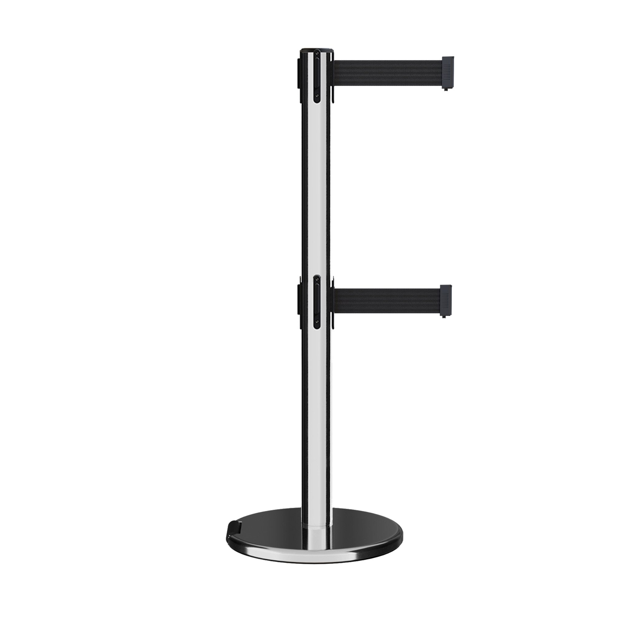 Retractable Dual Belt Barrier Stanchion, Rolling Base, Polished Stainless Steel Post, 9 ft Belt - Montour Line ME630D - Crowd Control Warehouse