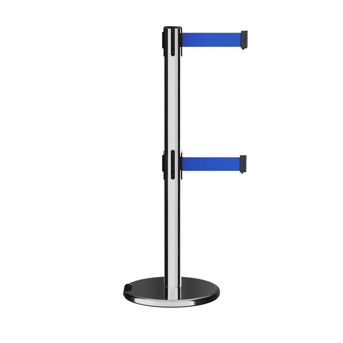 Retractable Dual Belt Barrier Stanchion, Rolling Base, Polished Stainless Steel Post, 9 ft Belt - Montour Line ME630D - Crowd Control Warehouse