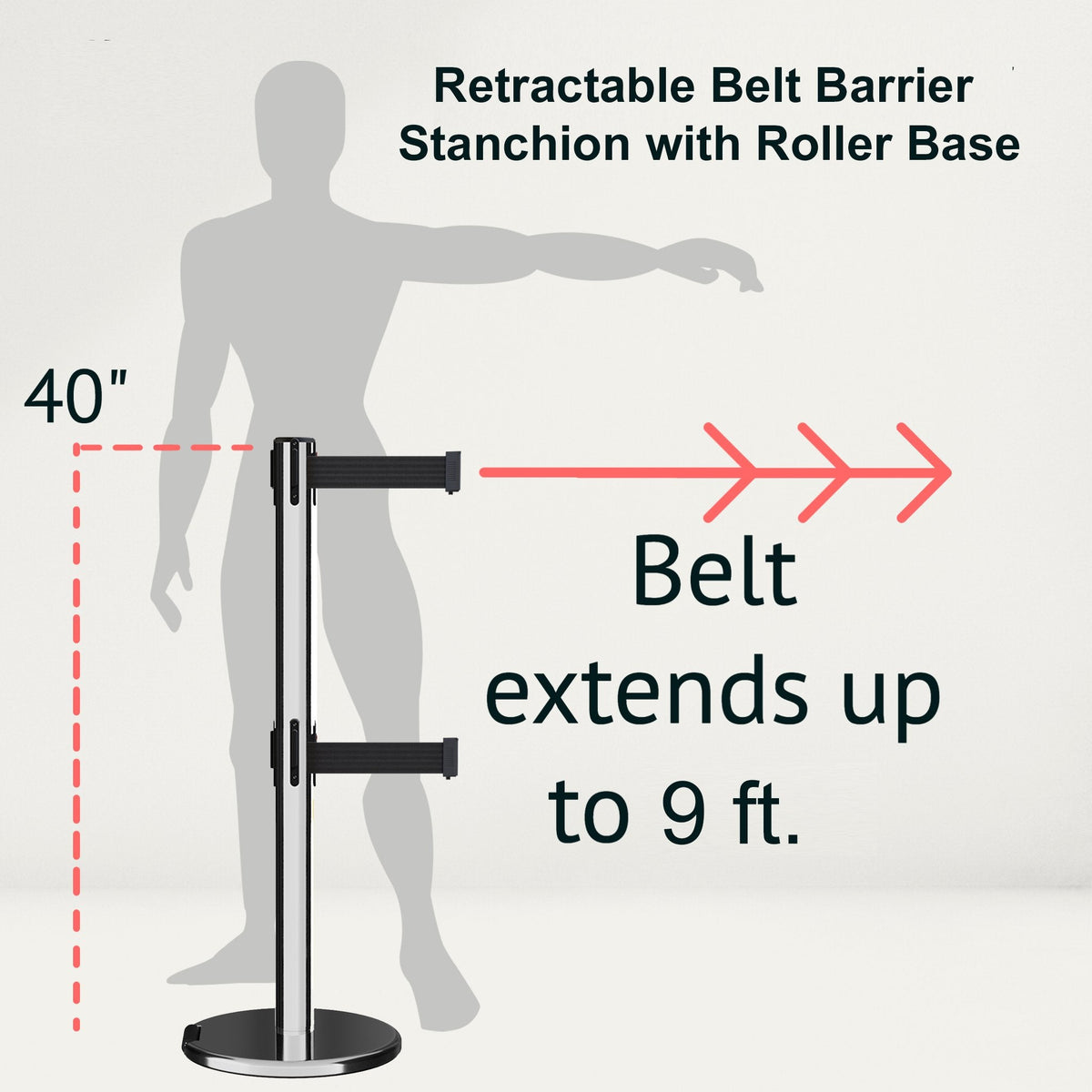 Retractable Dual Belt Barrier Stanchion, Rolling Base, Polished Stainless Steel Post, 9 ft Belt - Montour Line ME630D - Crowd Control Warehouse
