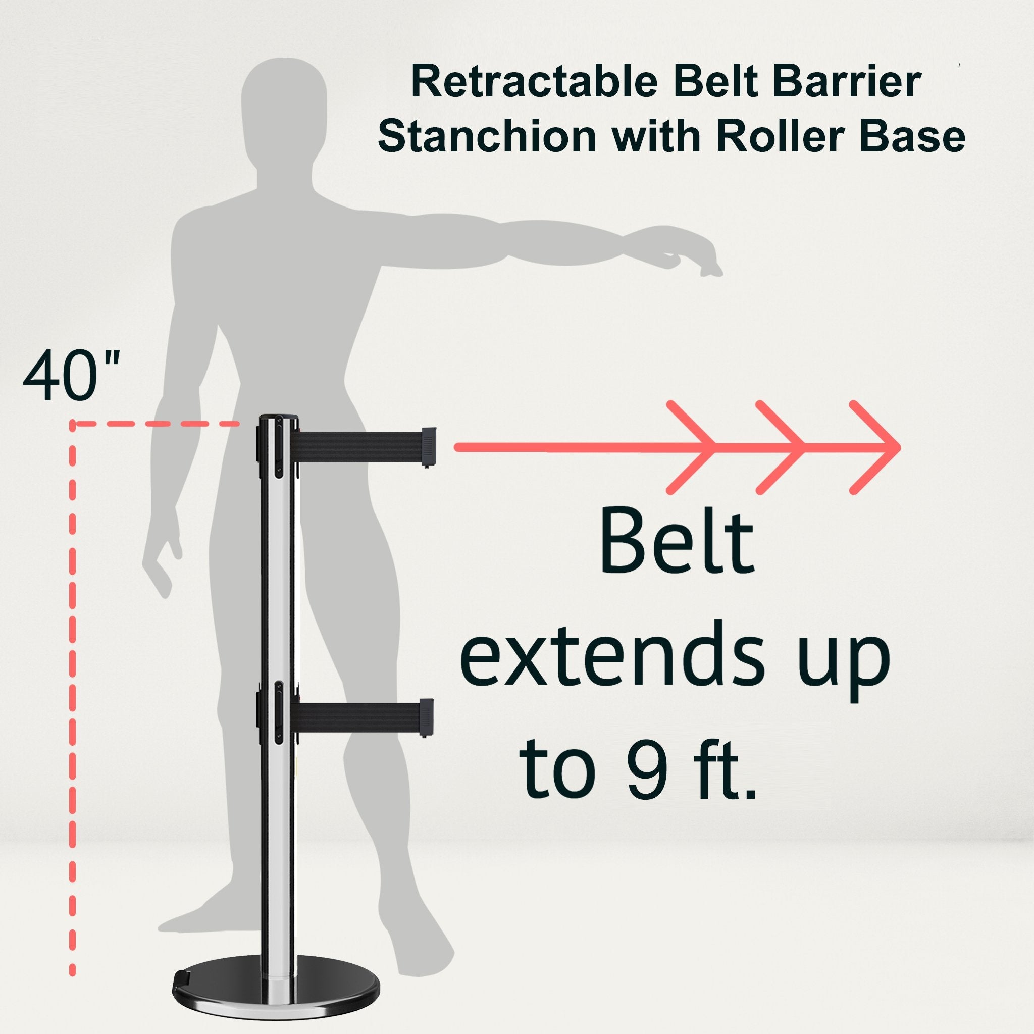 Retractable Dual Belt Barrier Stanchion, Rolling Base, Polished Stainless Steel Post, 9 ft Belt - Montour Line ME630D - Crowd Control Warehouse