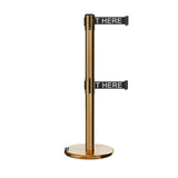 Retractable Dual Belt Barrier Stanchion, Rolling Base, Satin Brass Post, 11 ft Belt - Montour Line ME630D - Crowd Control Warehouse