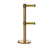 Retractable Dual Belt Barrier Stanchion, Rolling Base, Satin Brass Post, 11 ft Belt - Montour Line ME630D - Crowd Control Warehouse