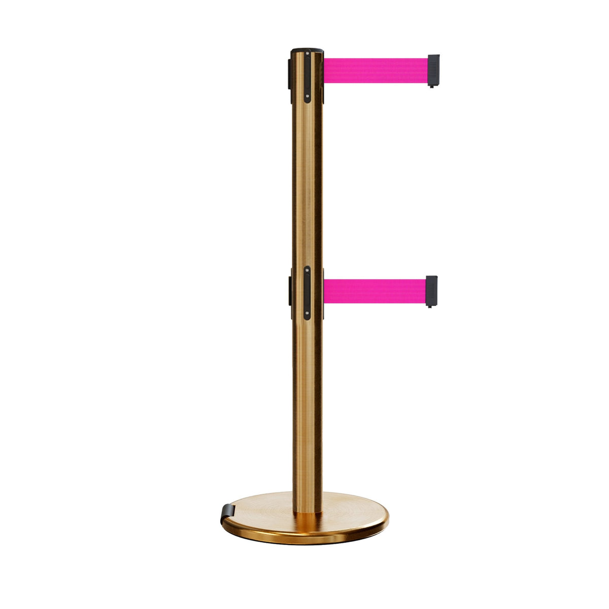 Retractable Dual Belt Barrier Stanchion, Rolling Base, Satin Brass Post, 11 ft Belt - Montour Line ME630D - Crowd Control Warehouse