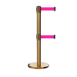 Retractable Dual Belt Barrier Stanchion, Rolling Base, Satin Brass Post, 11 ft Belt - Montour Line ME630D - Crowd Control Warehouse