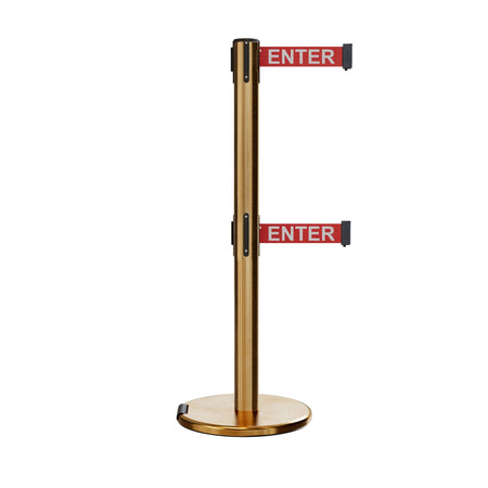 Retractable Dual Belt Barrier Stanchion, Rolling Base, Satin Brass Post, 11 ft Belt - Montour Line ME630D - Crowd Control Warehouse