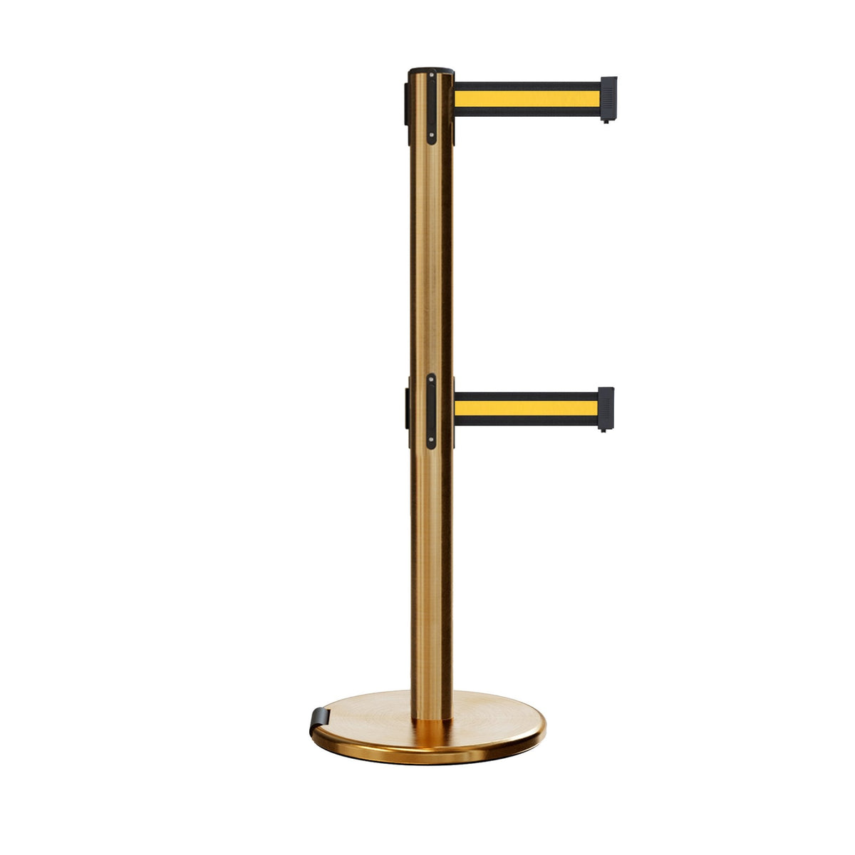 Retractable Dual Belt Barrier Stanchion, Rolling Base, Satin Brass Post, 11 ft Belt - Montour Line ME630D - Crowd Control Warehouse