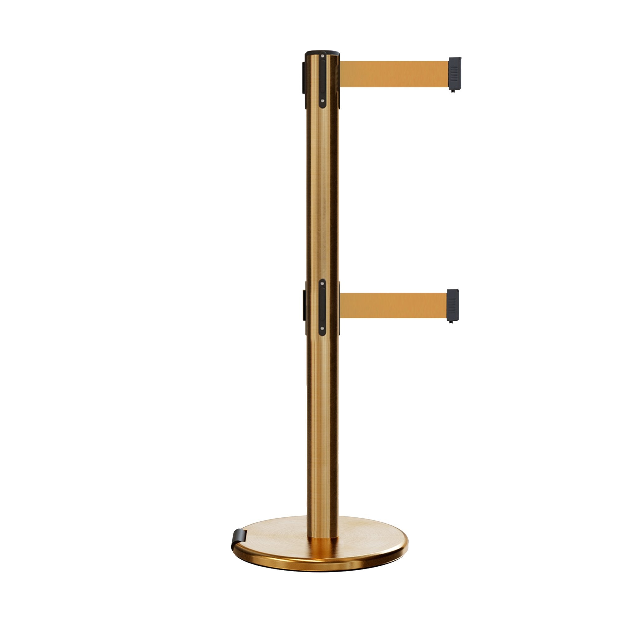 Retractable Dual Belt Barrier Stanchion, Rolling Base, Satin Brass Post, 11 ft Belt - Montour Line ME630D - Crowd Control Warehouse