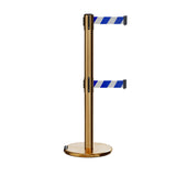 Retractable Dual Belt Barrier Stanchion, Rolling Base, Satin Brass Post, 11 ft Belt - Montour Line ME630D - Crowd Control Warehouse