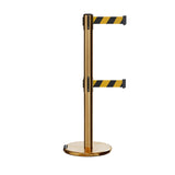 Retractable Dual Belt Barrier Stanchion, Rolling Base, Satin Brass Post, 11 ft Belt - Montour Line ME630D - Crowd Control Warehouse