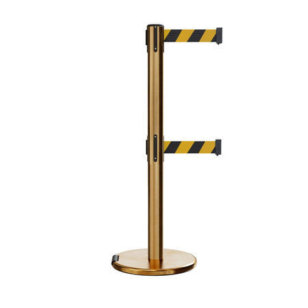Retractable Dual Belt Barrier Stanchion, Rolling Base, Satin Brass Post, 11 ft Belt - Montour Line ME630D - Crowd Control Warehouse