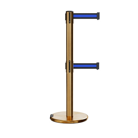 Retractable Dual Belt Barrier Stanchion, Rolling Base, Satin Brass Post, 11 ft Belt - Montour Line ME630D - Crowd Control Warehouse