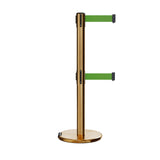 Retractable Dual Belt Barrier Stanchion, Rolling Base, Satin Brass Post, 11 ft Belt - Montour Line ME630D - Crowd Control Warehouse