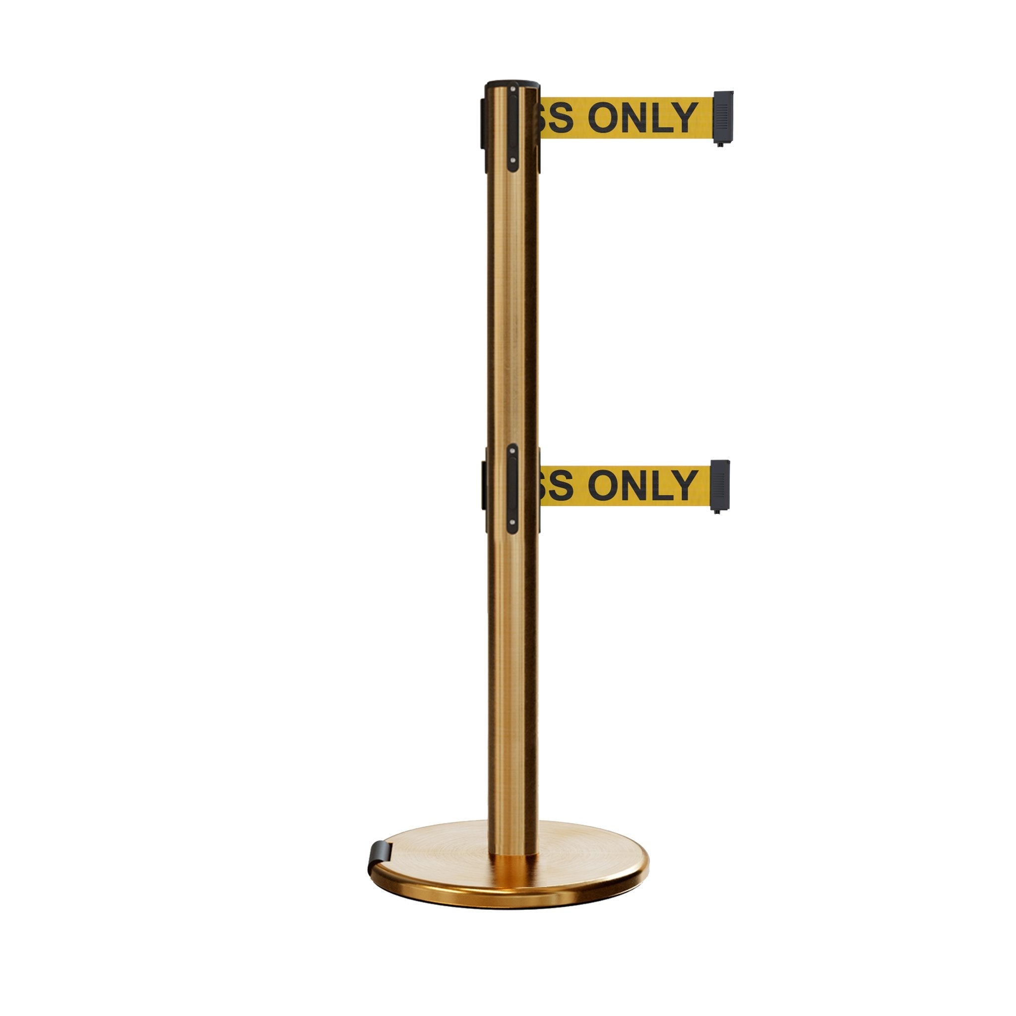 Retractable Dual Belt Barrier Stanchion, Rolling Base, Satin Brass Post, 11 ft Belt - Montour Line ME630D - Crowd Control Warehouse