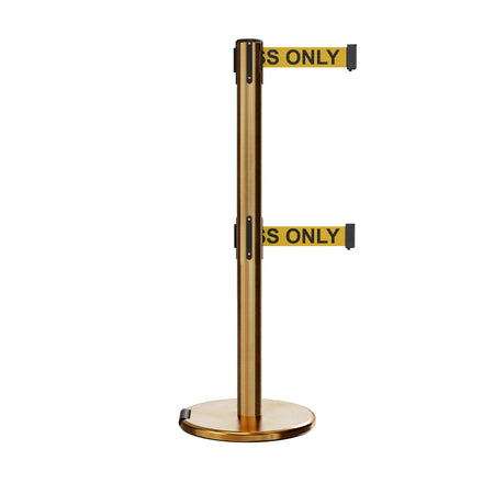 Retractable Dual Belt Barrier Stanchion, Rolling Base, Satin Brass Post, 11 ft Belt - Montour Line ME630D - Crowd Control Warehouse