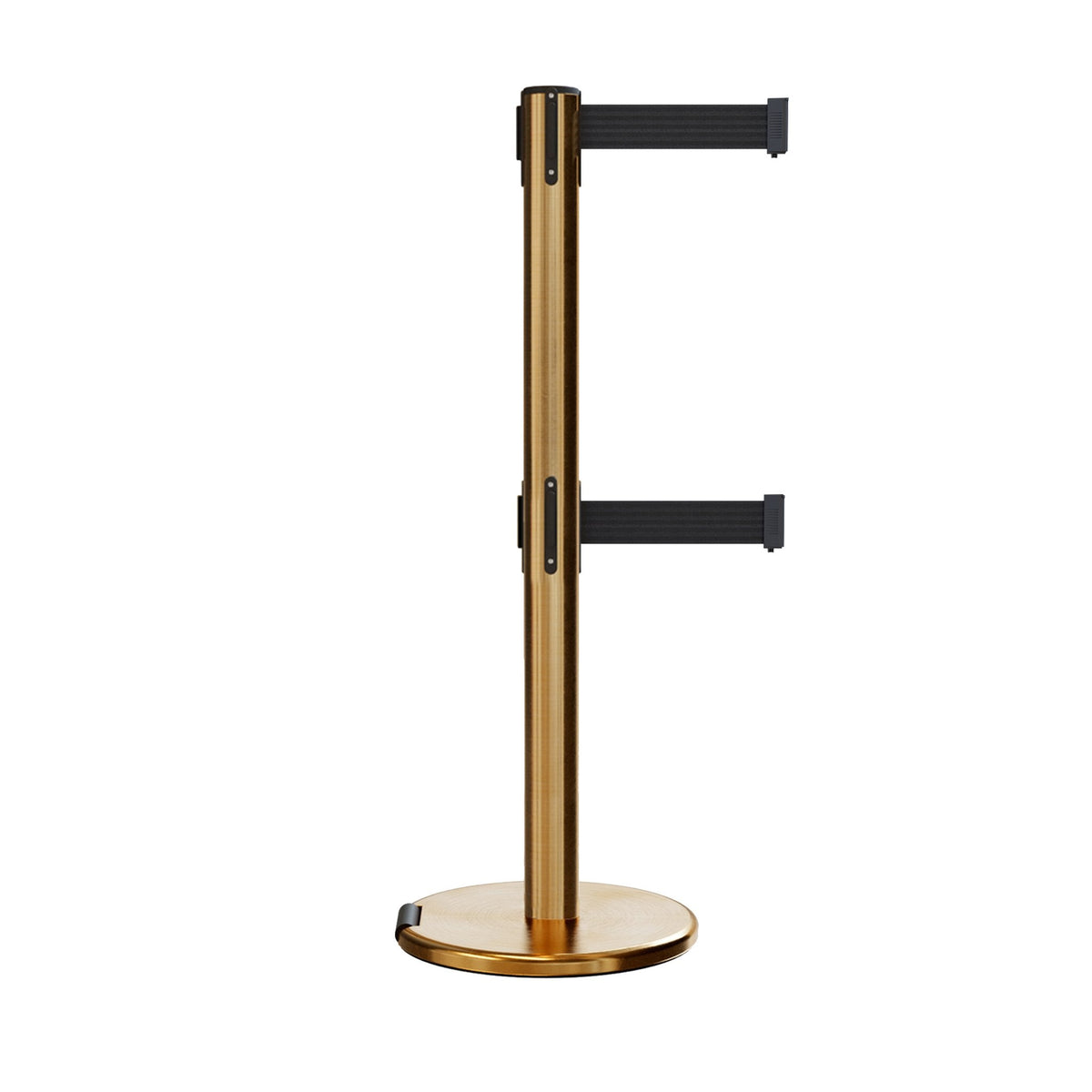 Retractable Dual Belt Barrier Stanchion, Rolling Base, Satin Brass Post, 11 ft Belt - Montour Line ME630D - Crowd Control Warehouse