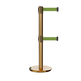 Retractable Dual Belt Barrier Stanchion, Rolling Base, Satin Brass Post, 11 ft Belt - Montour Line ME630D - Crowd Control Warehouse