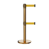 Retractable Dual Belt Barrier Stanchion, Rolling Base, Satin Brass Post, 11 ft Belt - Montour Line ME630D - Crowd Control Warehouse