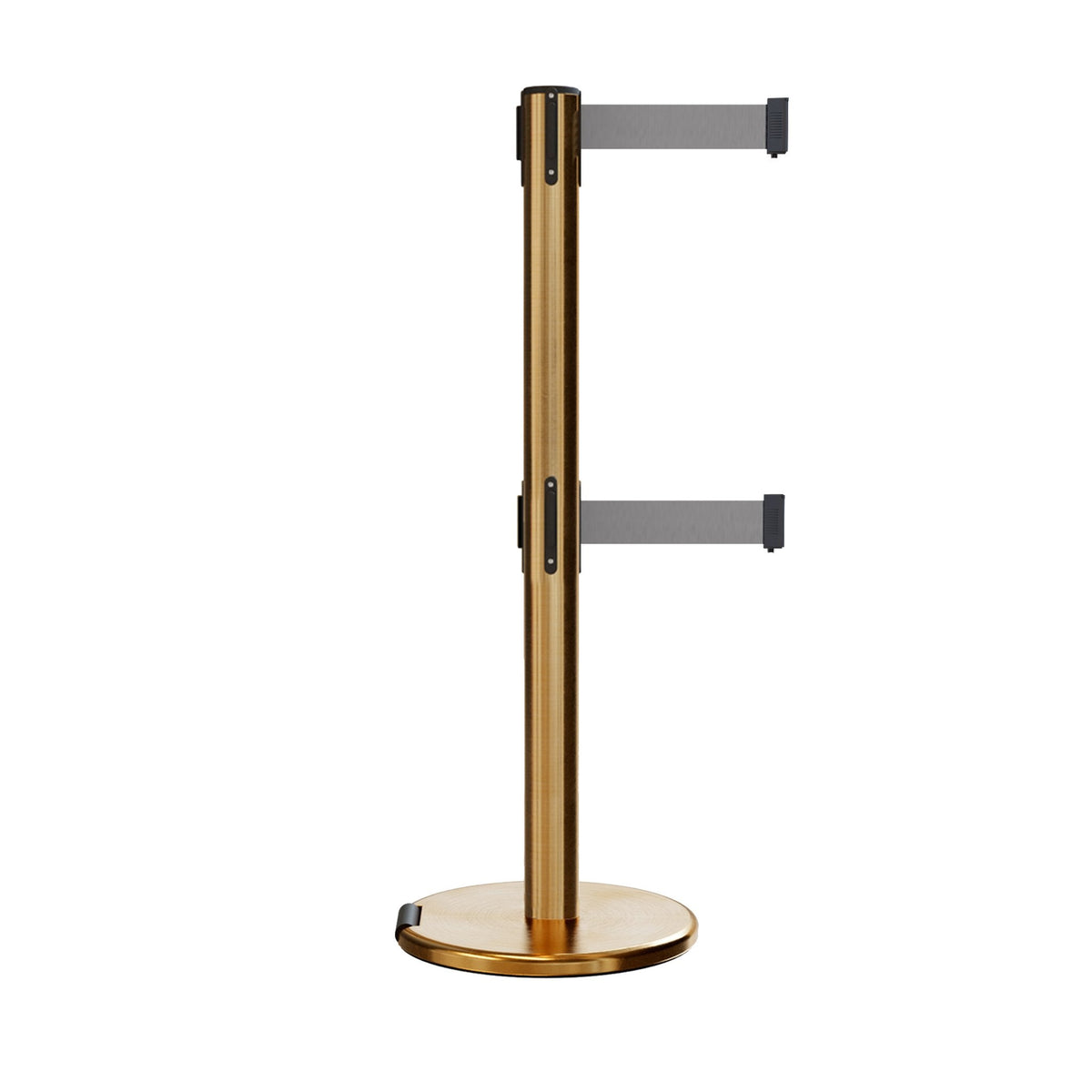 Retractable Dual Belt Barrier Stanchion, Rolling Base, Satin Brass Post, 11 ft Belt - Montour Line ME630D - Crowd Control Warehouse