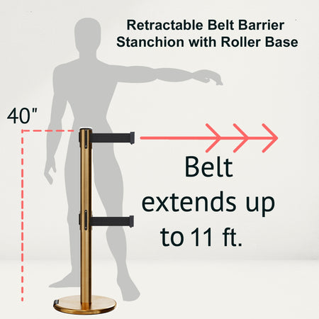 Retractable Dual Belt Barrier Stanchion, Rolling Base, Satin Brass Post, 11 ft Belt - Montour Line ME630D - Crowd Control Warehouse