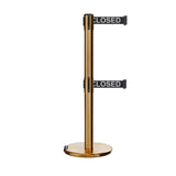 Retractable Dual Belt Barrier Stanchion, Rolling Base, Satin Brass Post, 11 ft Belt - Montour Line ME630D - Crowd Control Warehouse